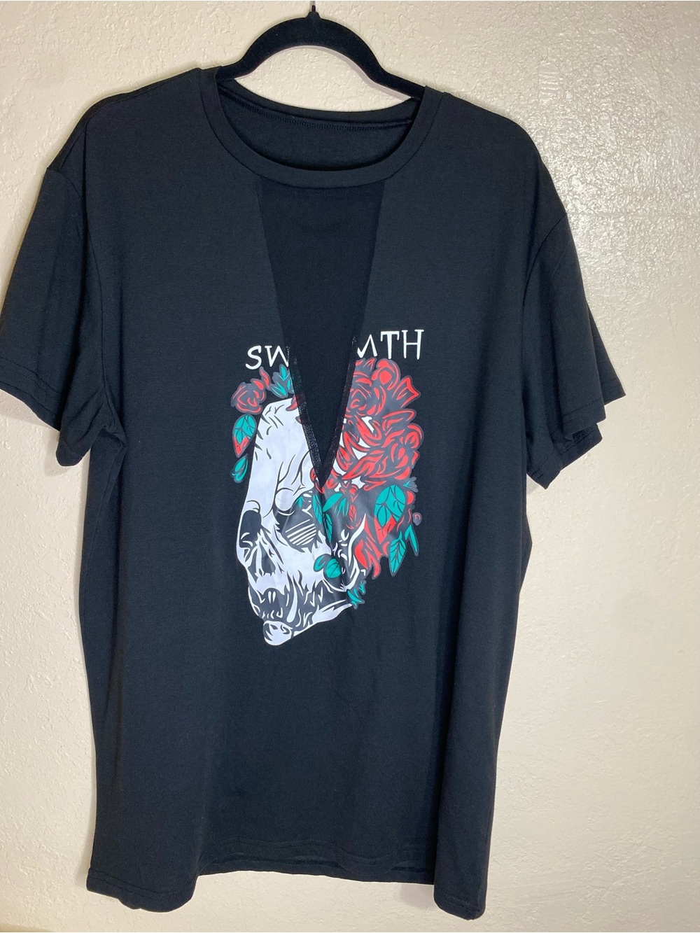 SHEIN Black Short Sleeve Graphic Tee with Red & Teal Skull Floral